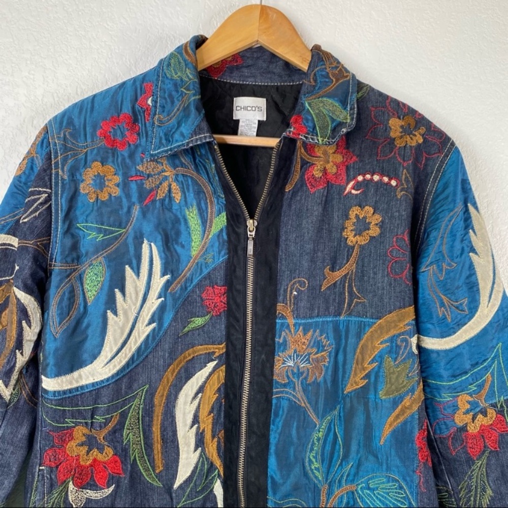 Chico’s Denim Floral Embroidered Zip Jacket - Picture 2 of 12